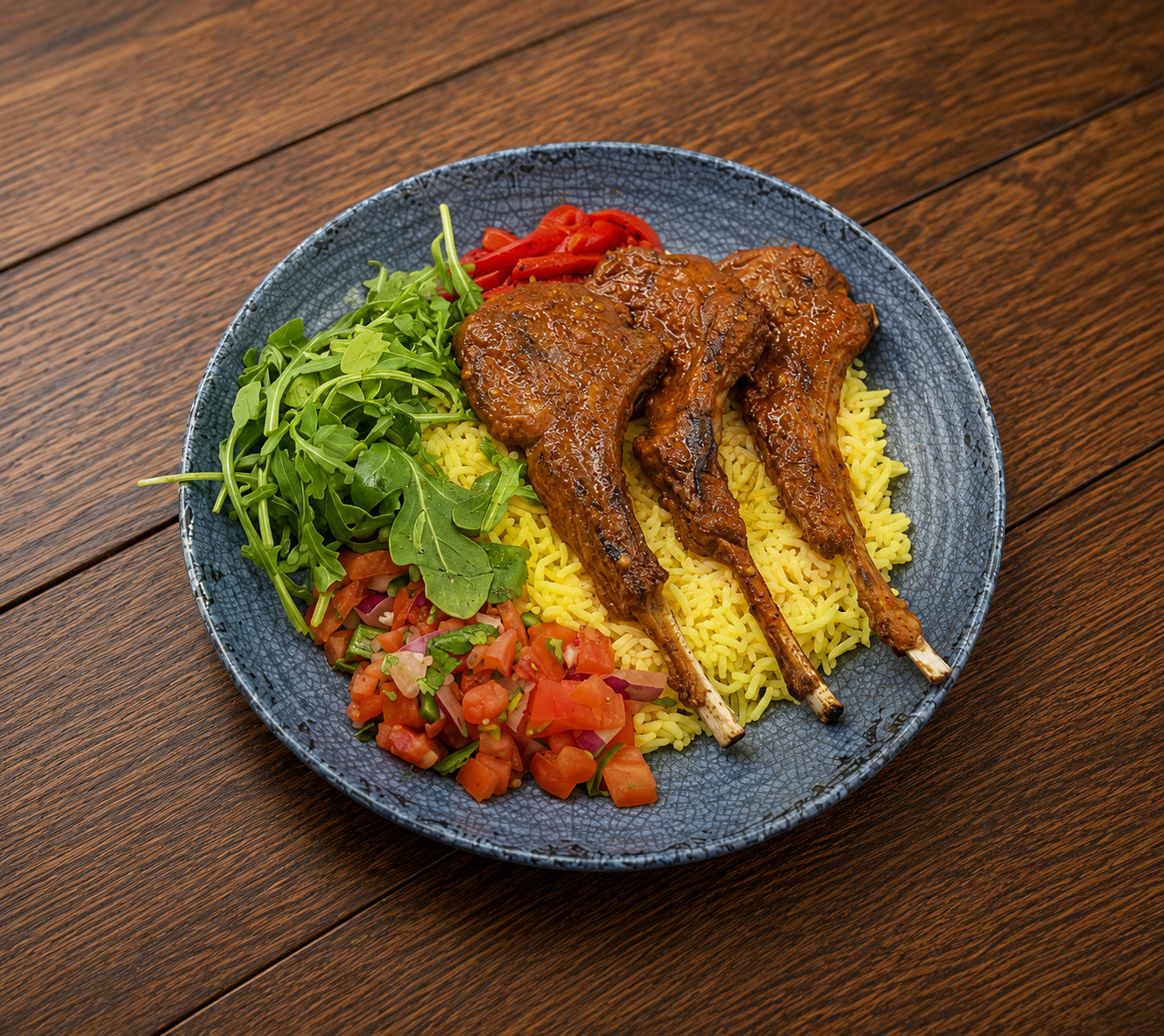 Lamb chops bowl with rice and fresh toppings